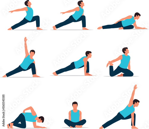 Vector illustration of a man performing various yoga poses on a white background demonstrating different asanas