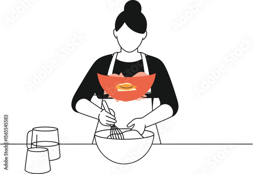 Illustration of a person cooking with mixing bowl and whisk in a modern flat design style