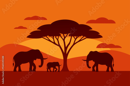 African Sunset Elephant Family Silhouette under Acacia Tree