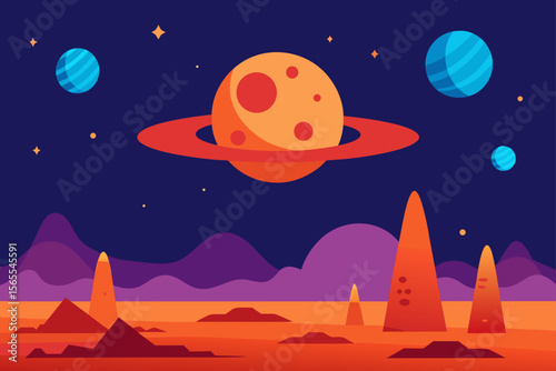 Cosmic Landscape Planets, Rings, and Alien Terrain Illustration