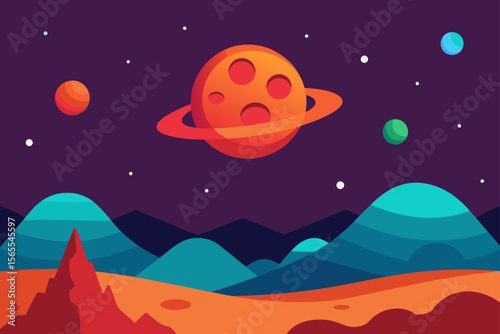 Vibrant Alien Planet Landscape Cosmic Mountains and Rings