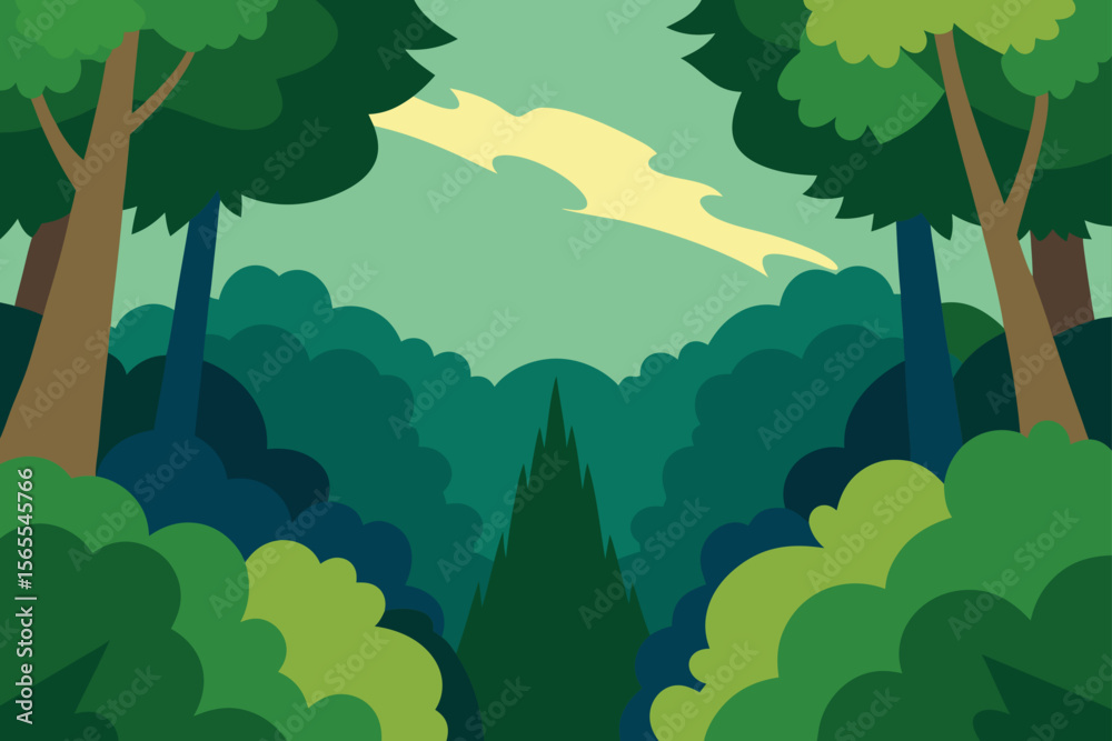 Fototapeta premium Peaceful forest landscape with green trees under clear sky in vector illustration style
