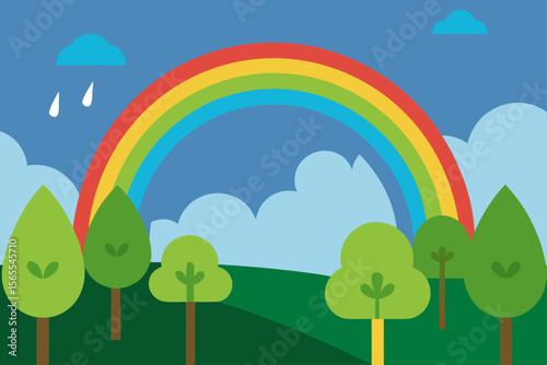 Rainbow arching over green hills and forest under a bright sky
