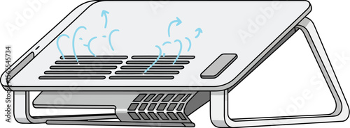 Illustrative vector of a laptop cooling pad with active airflow depicting computer temperature regulation
