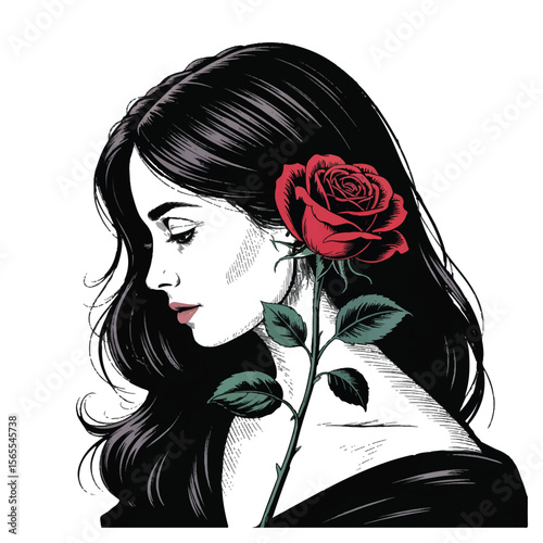 A beautiful woman with long dark hair, a single red rose behind her ear, isolated on white background