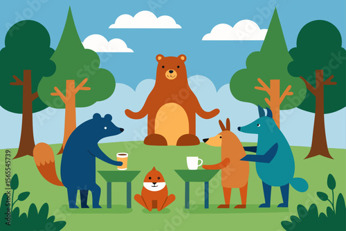 Squirrel and other animals playing in a cartoon forest scene