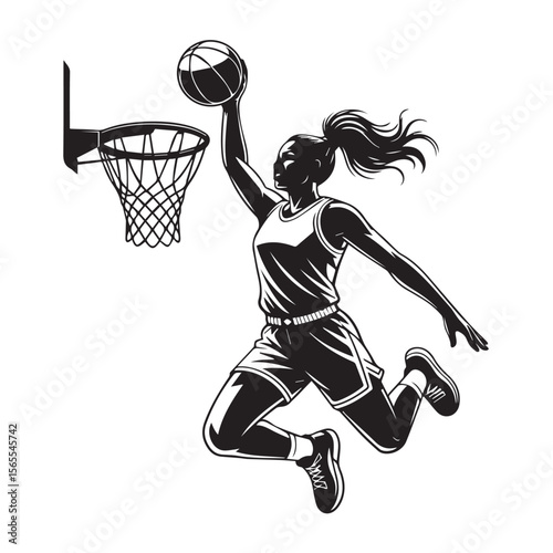A female basketball player performs a powerful dunk, isolated on white background