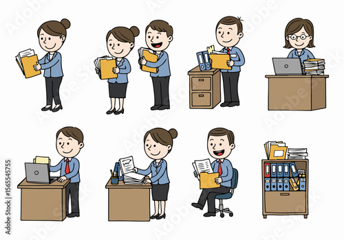 Cartoon illustration set of business people handling documents, working at desks, and organizing files in an office environment.