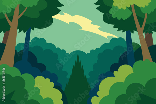 Peaceful forest landscape with green trees under clear sky in vector illustration style