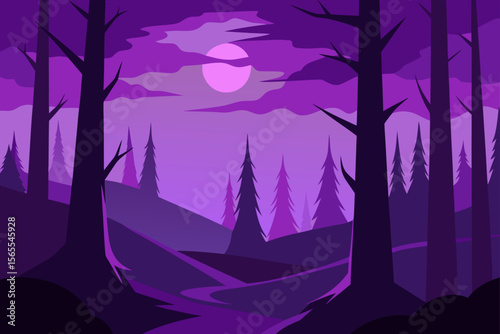 Purple Twilight Enchanting Forest Landscape Illustration