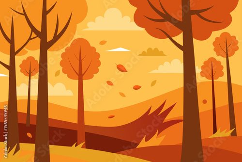 Autumnal Landscape Golden Hues and Falling Leaves