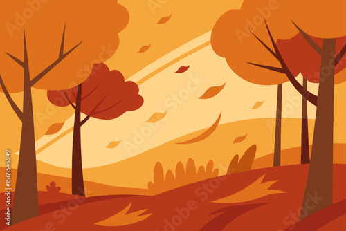 Autumnal Landscape  Warm Hues and Falling Leaves in a Serene Forest Scene