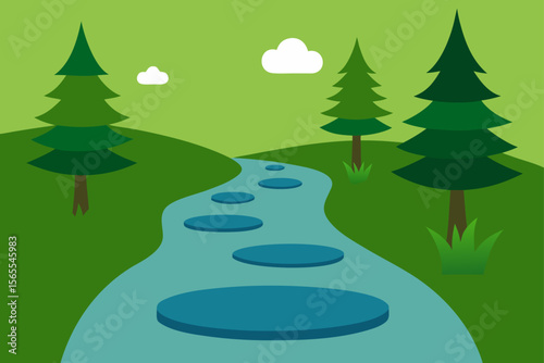 Serene River Path Tranquil Nature Illustration with Stepping Stones