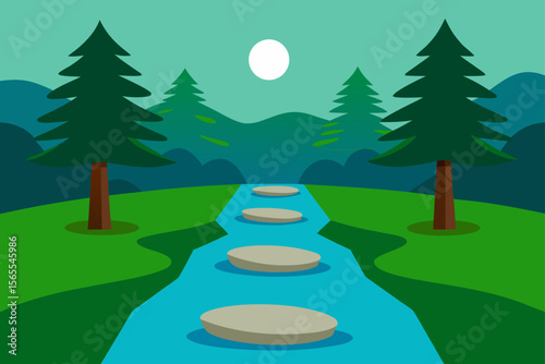 Serene Mountain River Landscape Stepping Stones to Tranquility