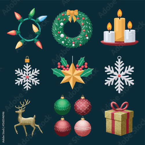 vector Happy New Year Celebrating 2025 in Latin letters , Christmas Decoration Items Santa Claus
