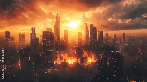 Dramatic cityscape ablaze with fire depicting an apocalyptic future photo during a sunset