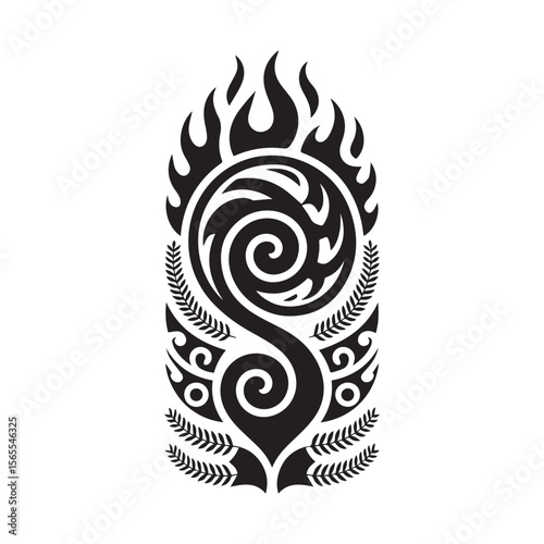 A black tribal tattoo design with flames and spirals, isolated on white background