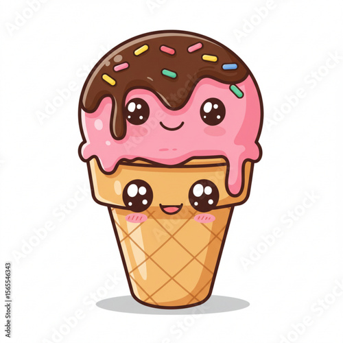 A cute cartoon illustration of a pink ice cream cone with chocolate topping and sprinkles, featuring a smiling face.