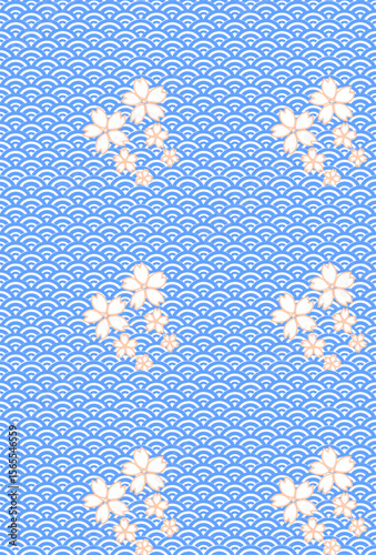 Vector illustration of a traditional Japanese fabric pattern featuring blue seigaiha waves and soft cherry blossoms scattered across the design