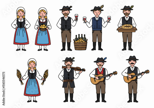 Cartoon characters in traditional Bavarian Dirndl and Lederhosen, celebrating Oktoberfest with food, drinks, and music.