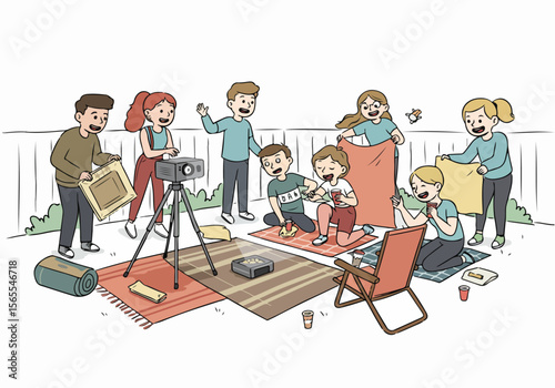 Family and friends setting up for a fun backyard movie night with projector and screen.