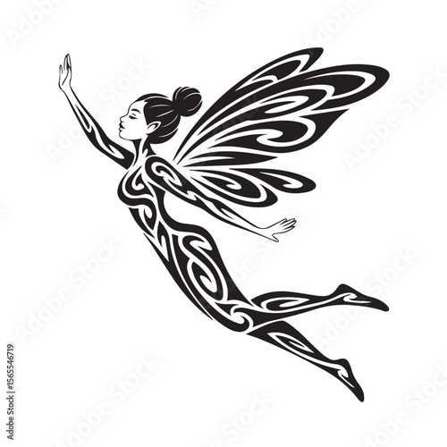 A graceful fairy with tribalstyle wings is isolated on white background