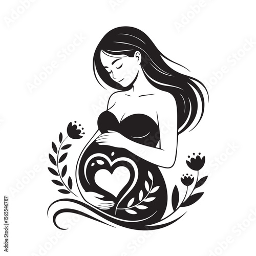 A pregnant woman with a heartshaped belly surrounded by flowers, isolated on white background