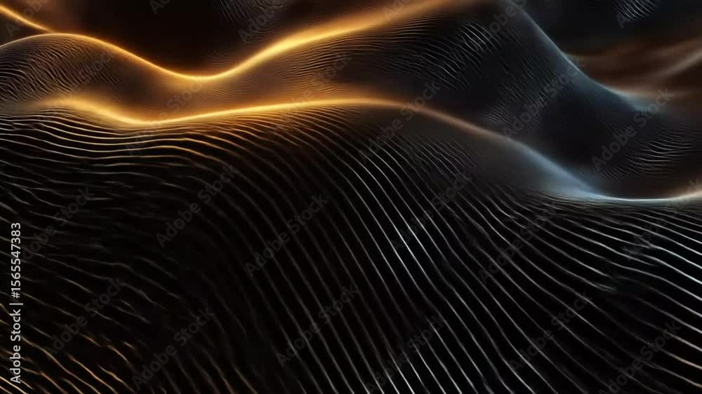 Abstract wavy lines of dark gold, creating a textured surface.  Soft, undulating forms ripple across the image. Subtle golden highlights emphasize the peaks of the waves