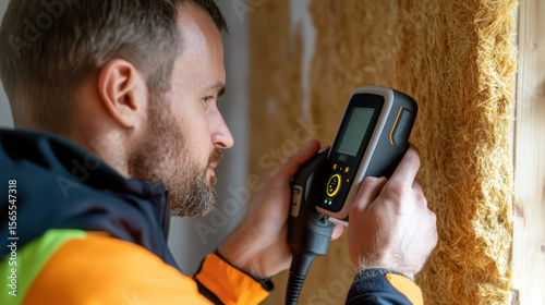 Man using a thermal scanner to check insulation quality in a house. 