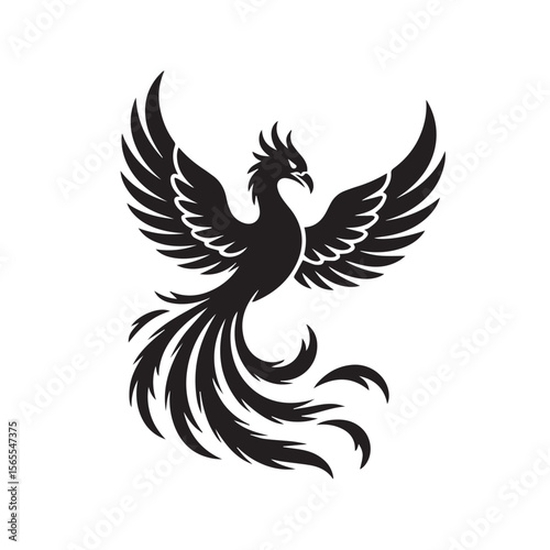 A majestic black phoenix with outstretched wings, a detailed line art illustration isolated on white background