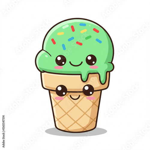 Cute cartoon ice cream cone with a happy face and colorful sprinkles, isolated on white.