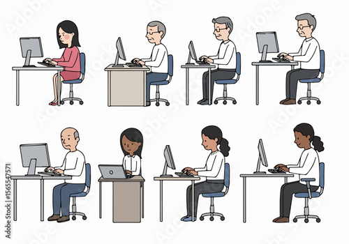 Illustration of diverse people of various ages working on computers and laptops at desks in an office or learning environment.