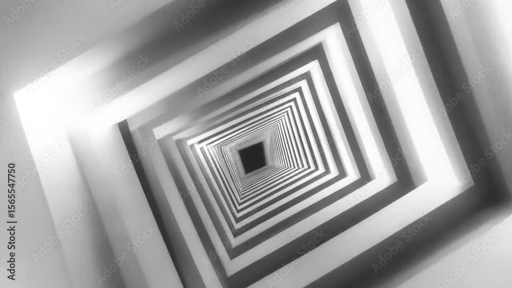 Abstract tunnel of repeating white squares, perspective effect, leading to a black center point