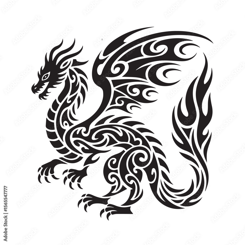 A black and white tribal dragon illustration isolated on white background A black and white tribal dragon illustration isolated on white background