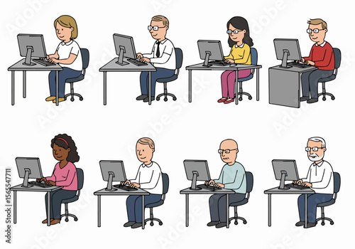 Illustration of diverse people, men and women of various ages and ethnicities, sitting at desks and working on computers in an office or classroom setting.
