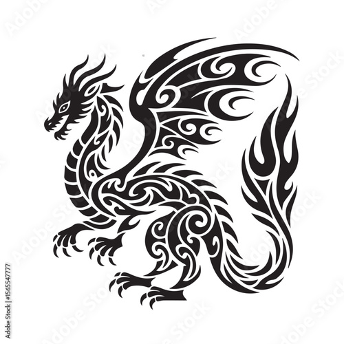 A black and white tribal dragon illustration isolated on white background
