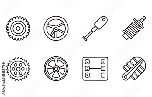 Set of eight mechanical and automotive line art icons