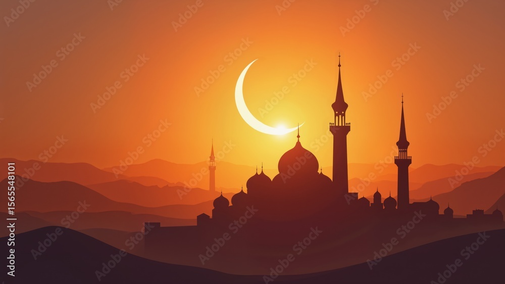 Obraz premium Peaceful mosque silhouette at sunset in desert landscape, Ramadan celebration 