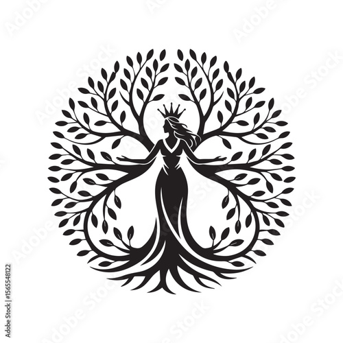 A queen stands gracefully within a majestic tree, isolated on white background