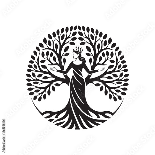 A queen stands within a tree, forming a circle