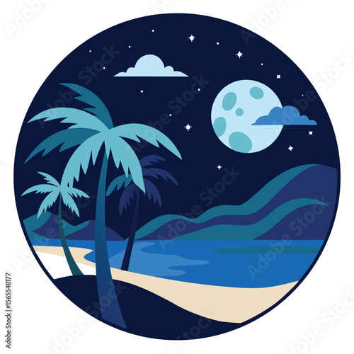 Tropical night beach landscape with palm trees and moon in flat vector style