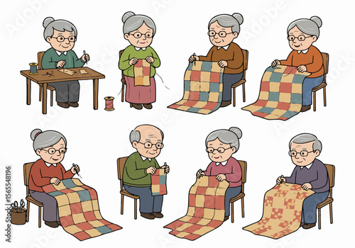 Cartoon illustration of multiple elderly people, including grandmothers and one grandfather, happily engaged in the hobby of sewing and quilting patchwork blankets while sitting.