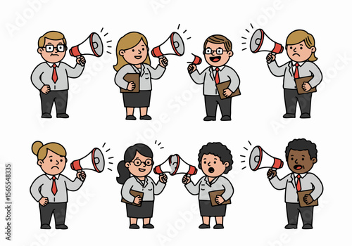 Collection of diverse cartoon business people using megaphones and clipboards to make announcements or express various emotions like happy, sad, and shouting.