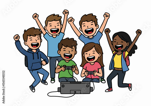 Happy diverse kids cheer and jump with excitement while playing video games together, illustrating fun and friendship through shared leisure activity.