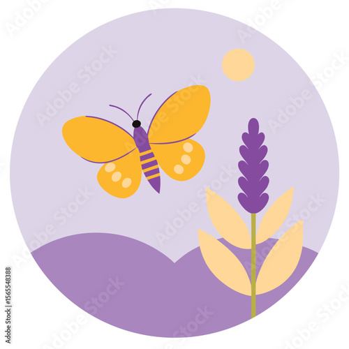 Minimal butterfly flying near purple flower and hills in pastel landscape vector art