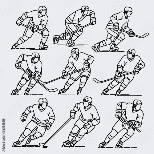 Group of ice hockey players in action poses, wearing gear and holding sticks, captured in a dynamic black and white line illustration.

