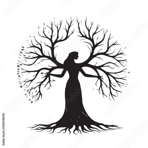 Silhouette of a woman with a crown standing within a tree, isolated on white background