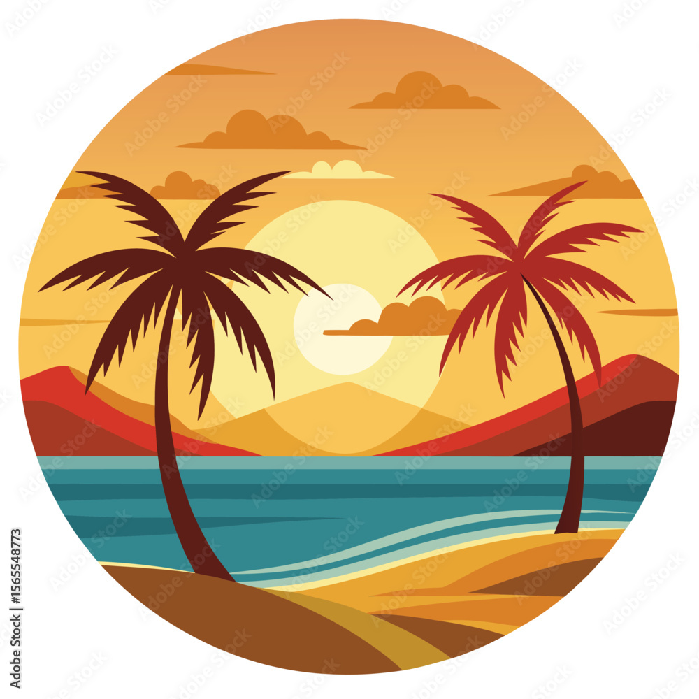Obraz premium Sunset Beach Landscape with Palm Trees and Ocean View, Vibrant Horizon