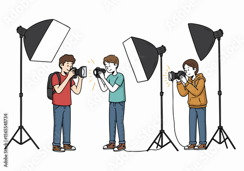 Illustration of three young people learning photography, practicing with cameras and studio softbox lights in a studio setting on a white background.