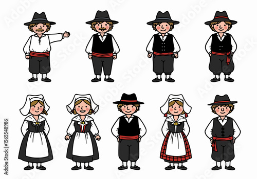 Cartoon illustration of people wearing traditional Breton costumes from Brittany, France, in various poses and styles on a white background.